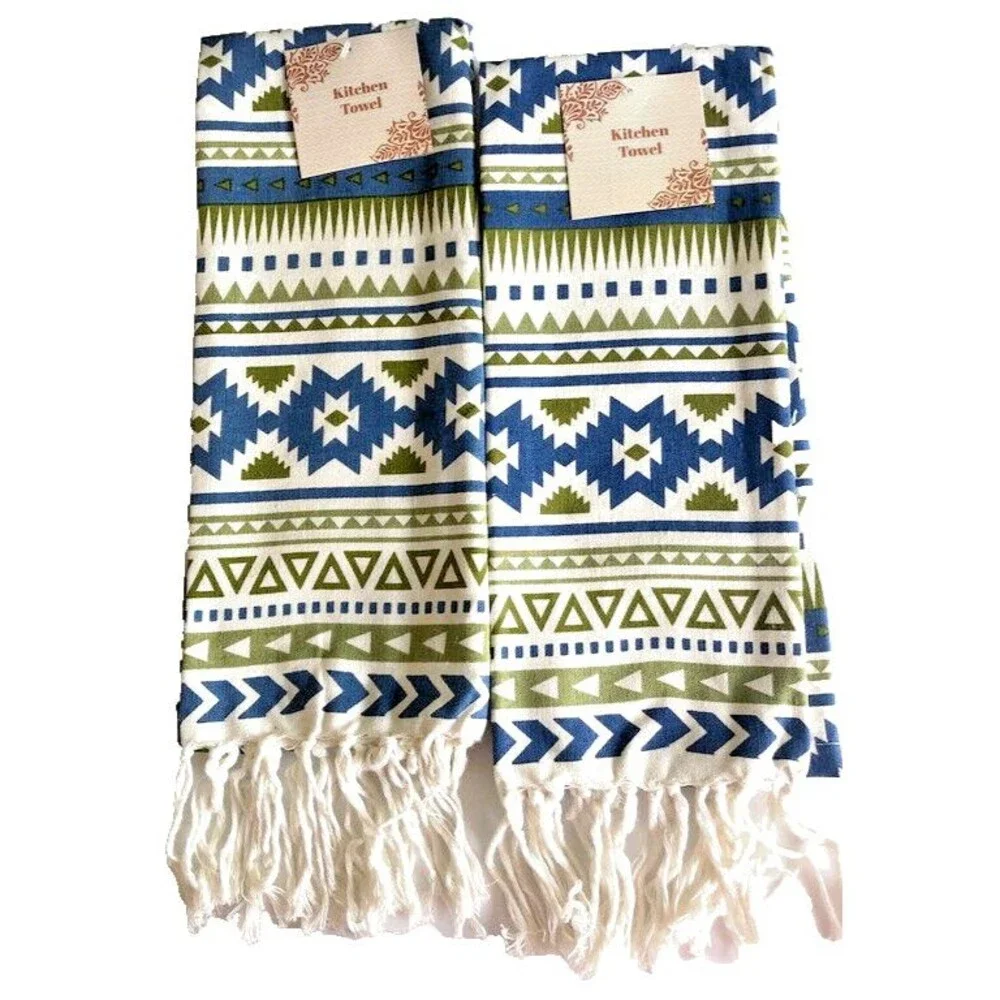 Southwest Kitchen Dish Tea Towels Tasseled Blue Navajo Native American Set Of 2